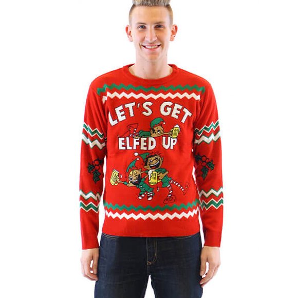 Let’s Get Elfed Up Drunken Elves Ugly Christmas Sweater - Picture 1 of 2